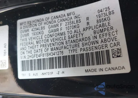 2025 Honda Civic Hybrid Sport/Sport Touring z USA, uszkodzony, nr VIN 2HGFE4F81SH341276